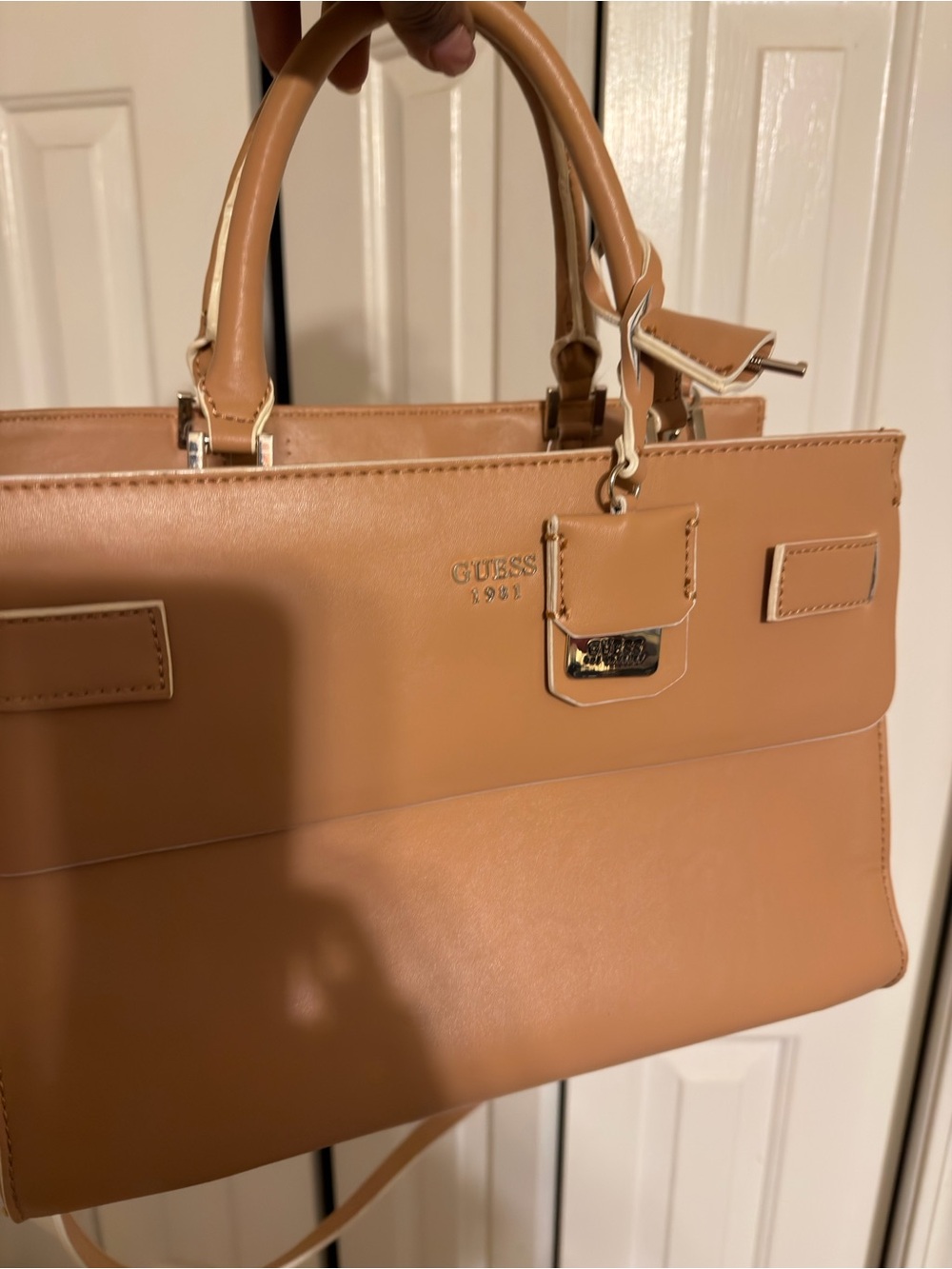 GUESS Tan/Beige Top-Handle Satchel with Gold Hardware